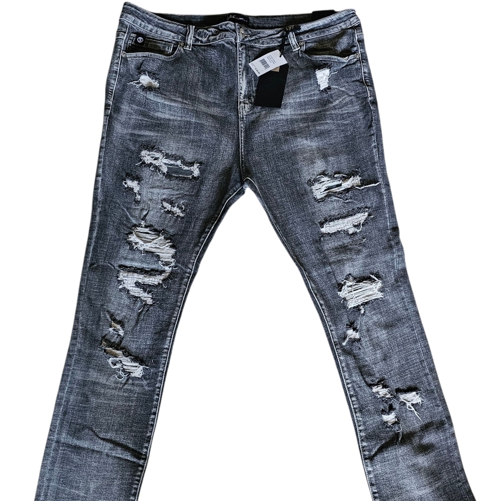 Men’s Slim Taper Fit Distressed Black/Gray Denim Jeans Size 42x32